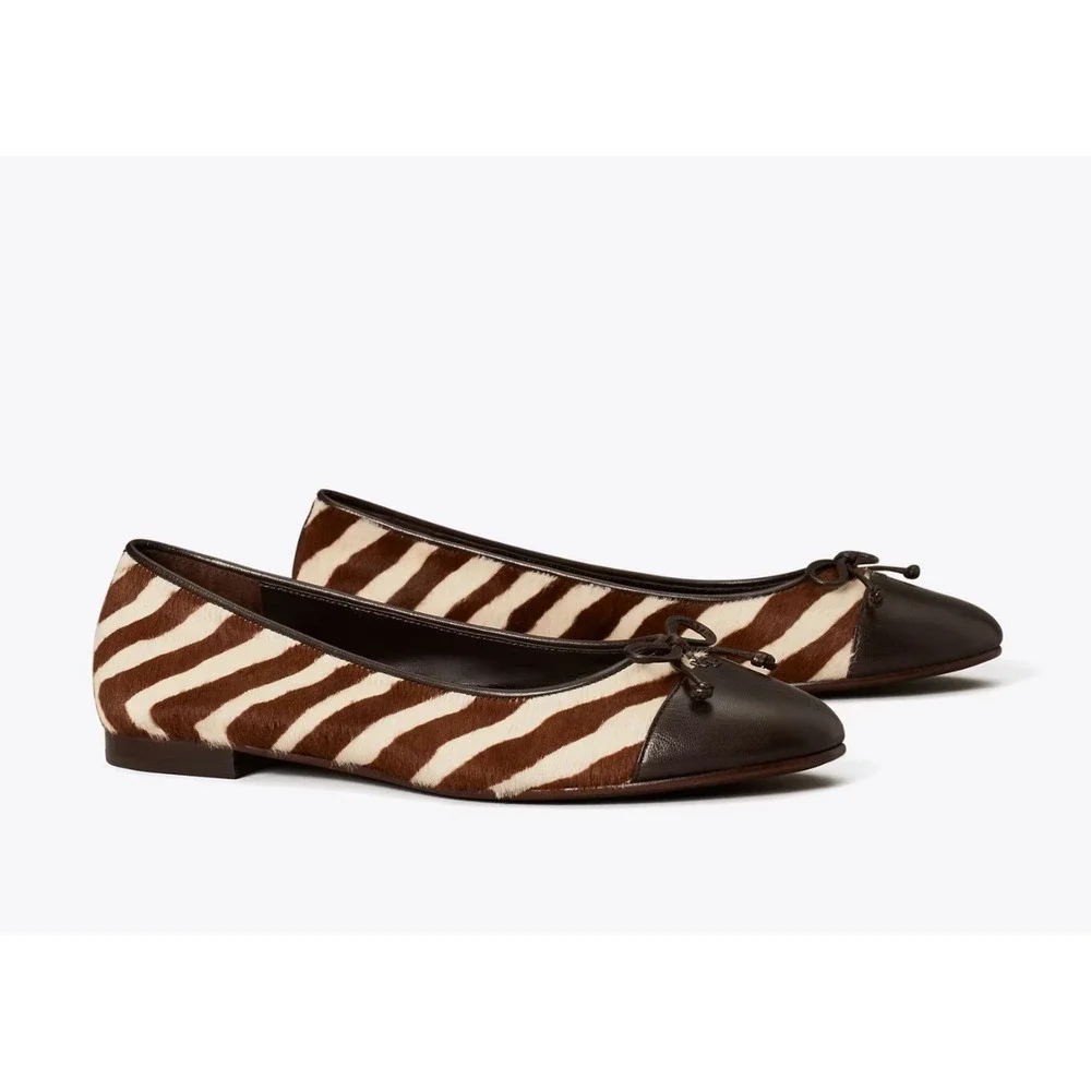 Tory Burch Zebra Print‎ Calf Hair Leather Ballet Flats Brown Cream Bow Women 13M